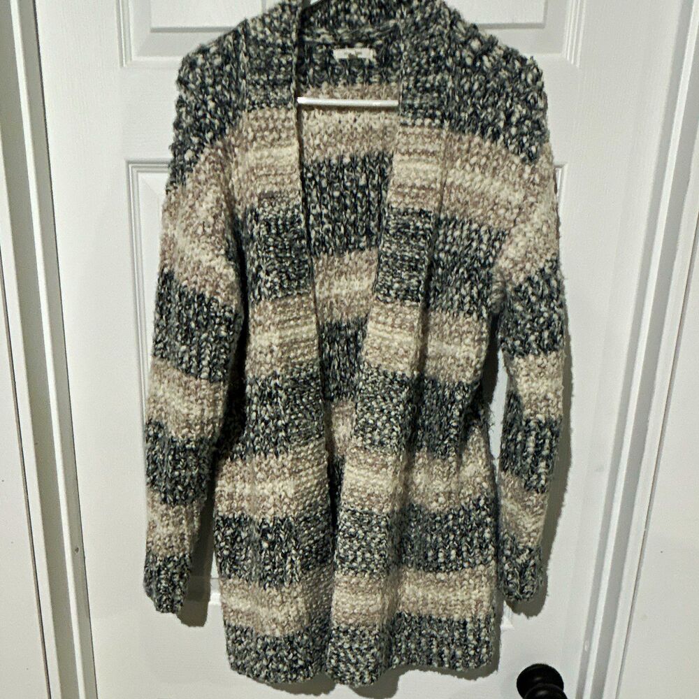 maurices Women’s M Gray/Ivory Striped Knit Open Front Long Sleeve thick Cardigan